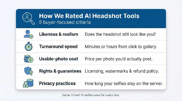 Summarizes the five buyer-focused factors (realism, speed, cost per usable photo, rights/guarantees, privacy) in a quick-scan visual, mirroring Danetsoft’s existing checklist illustration style.
