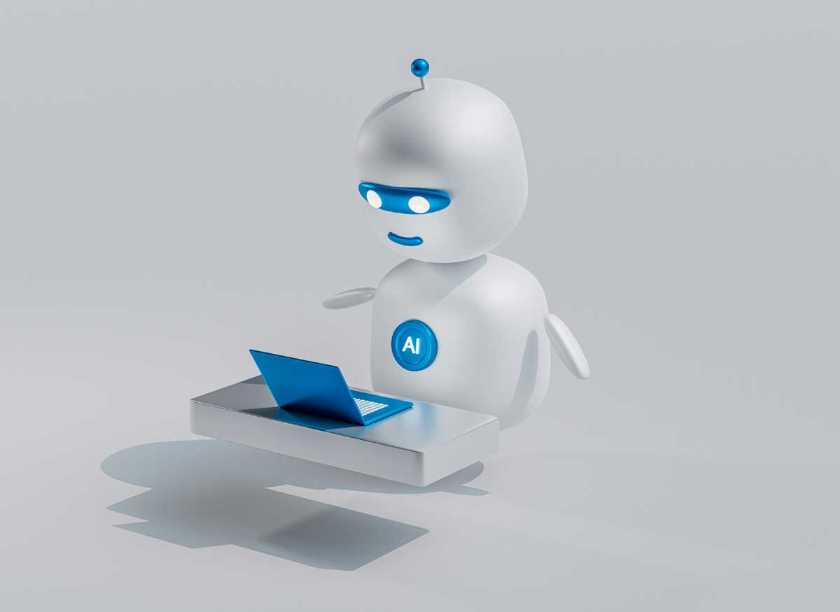 A white robot with blue eyes and a laptop