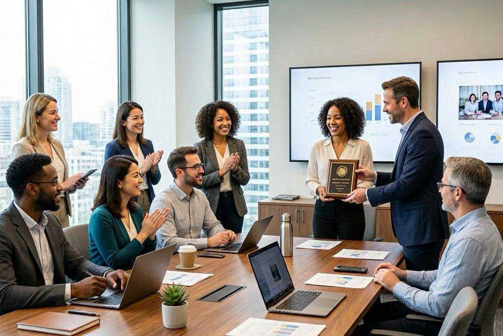 A modern office team gathered around a conference table with laptops and digital screens, while a team leader presents an award plaque to a smiling employee. Bright, natural lighting, professional setting, diverse team members, collaborative and positive atmosphere, realistic photography style