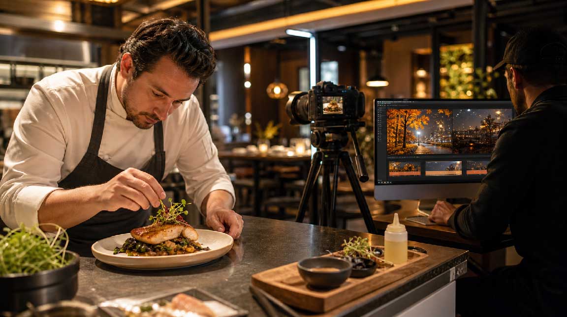 Chef combining real restaurant footage with AI-generated seasonal video scenes
