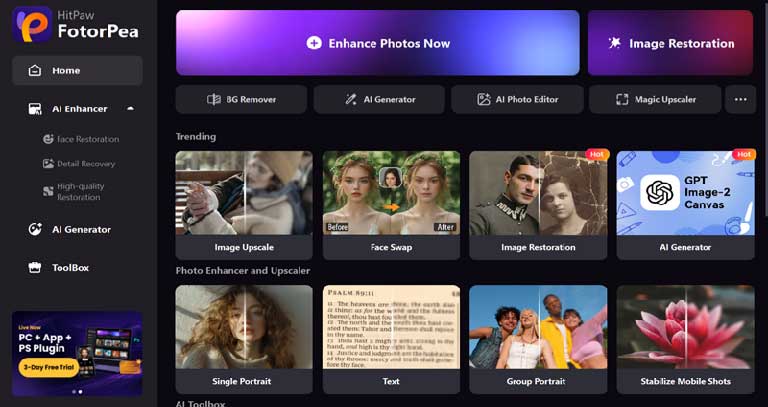 HitPaw FotorPea AI image enhancer app interface