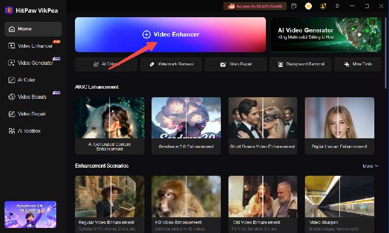 HitPaw VikPea video enhancer dashboard