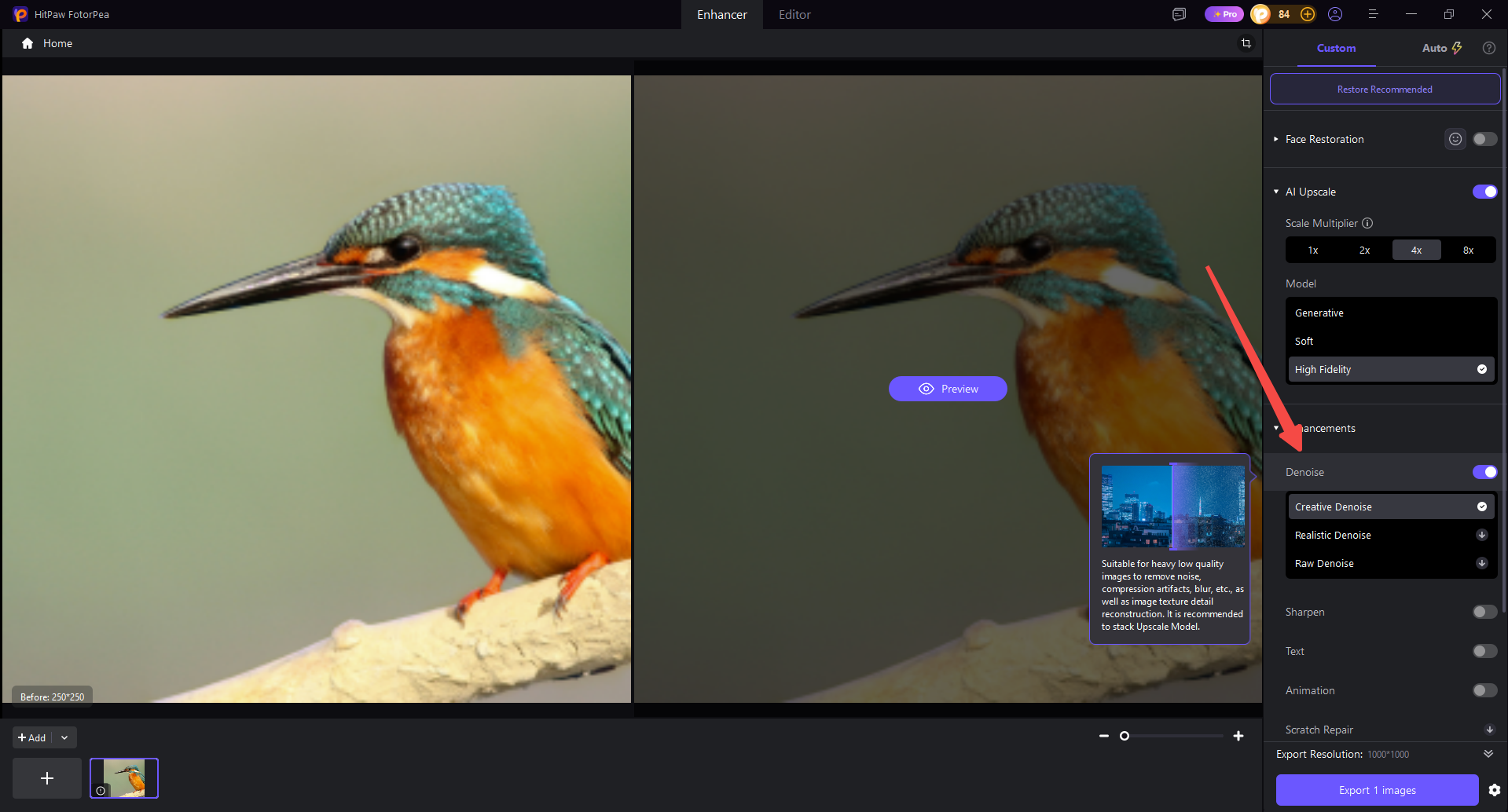 HitPaw FotorPea AI denoise and sharpen tools for improving image clarity