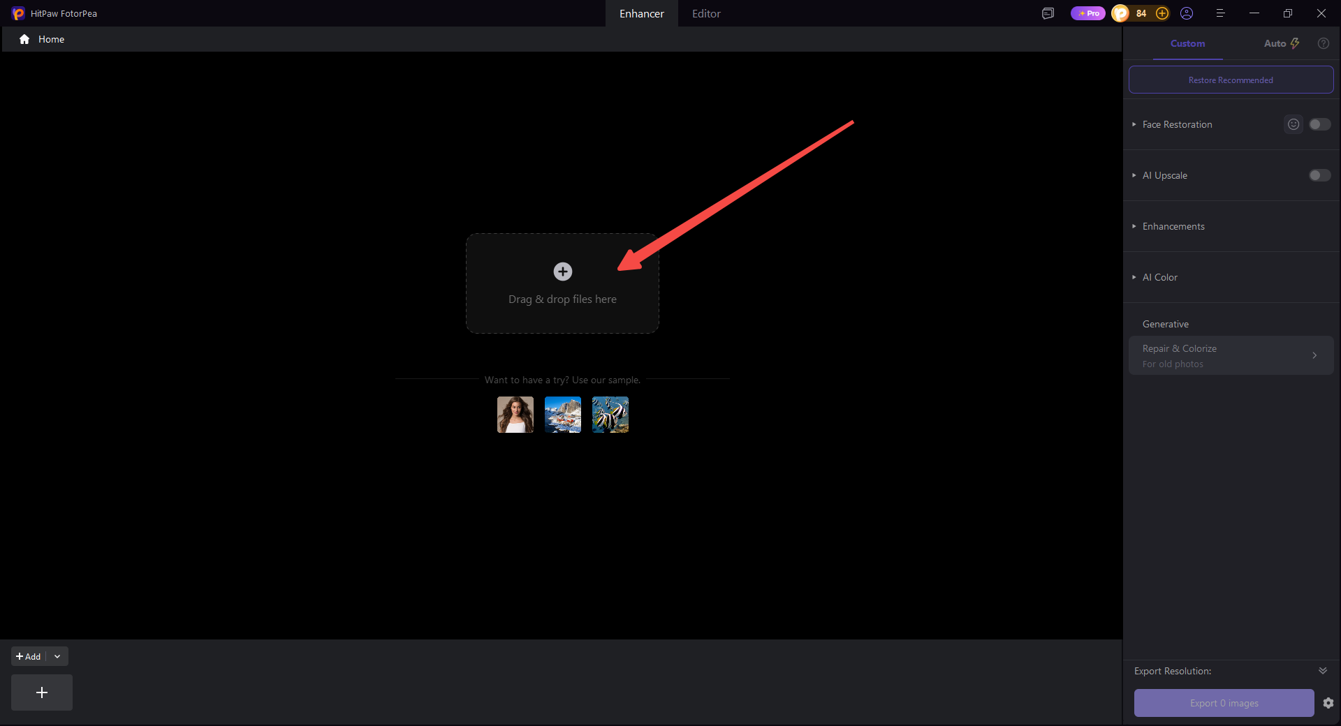 HitPaw FotorPea interface for uploading an image to enhance