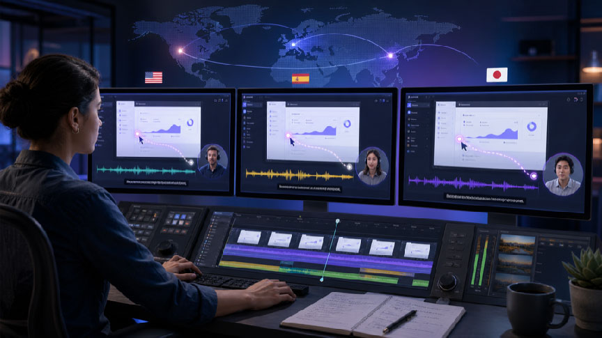 Video editor localizing a product tutorial for audiences across multiple international markets