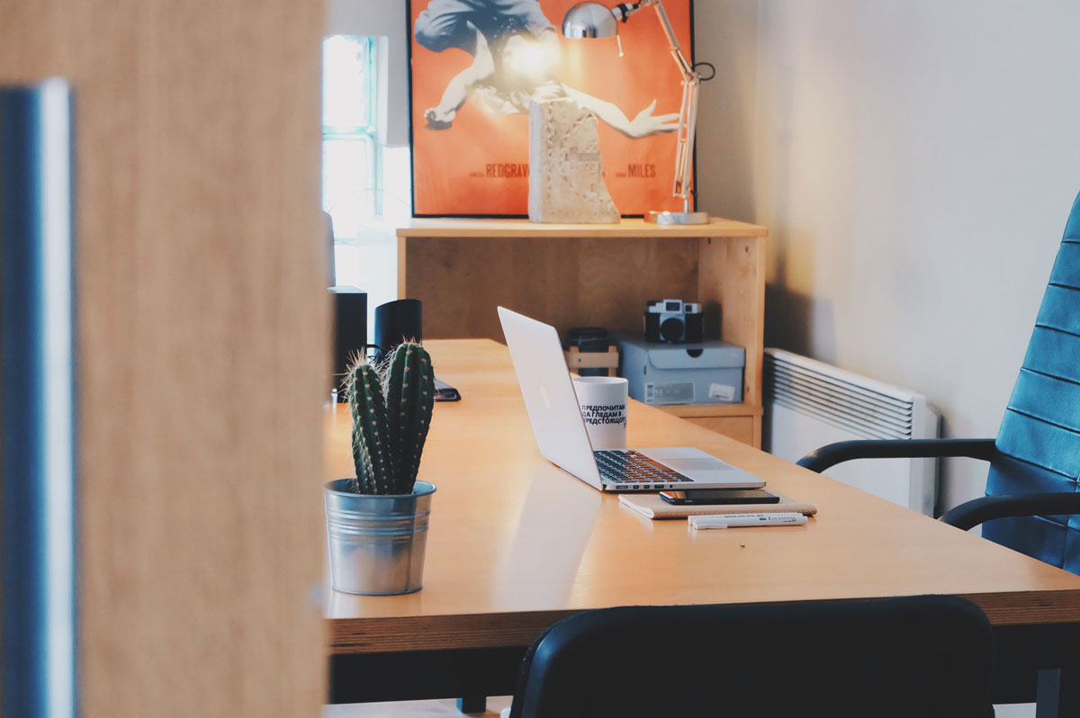 A modern office desk setup featuring a cactus plant, laptop, and stylish decor in a contemporary office space