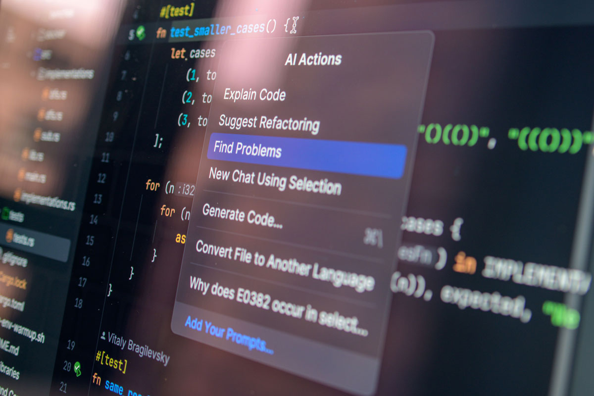 Close-up of AI-assisted coding with menu options for debugging and problem-solving