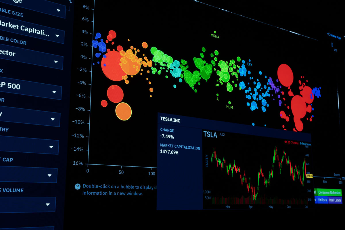 Colorful data visualization of stock market trends with financial charts