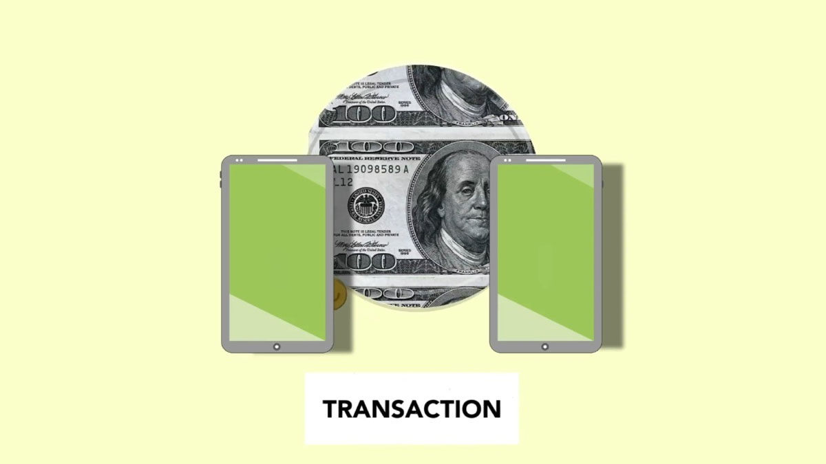 Illustration of a digital payment transaction with smartphones and dollar bill.