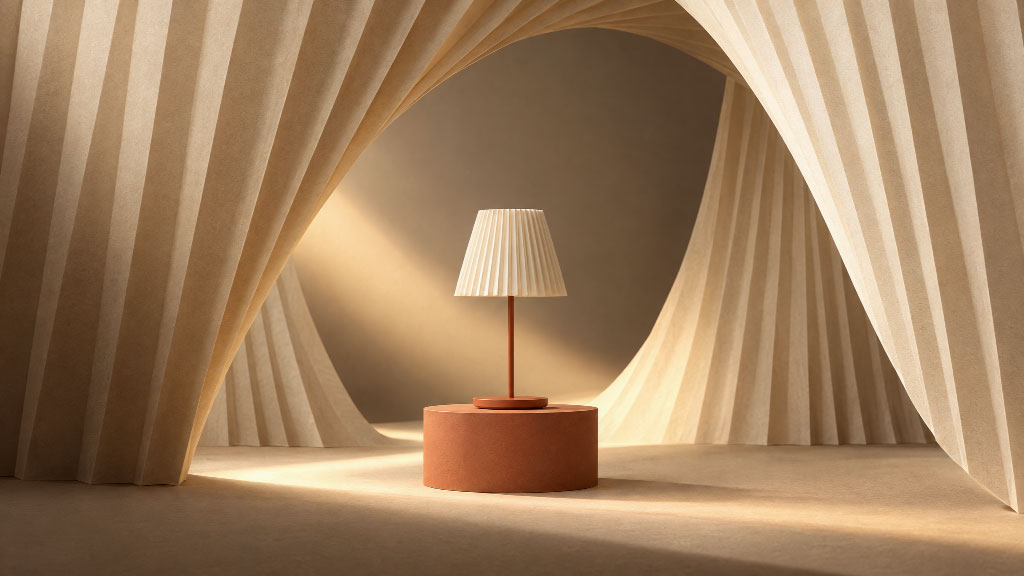 Concept illustration: a fixed lamp design surrounded by a pleated-paper landscape