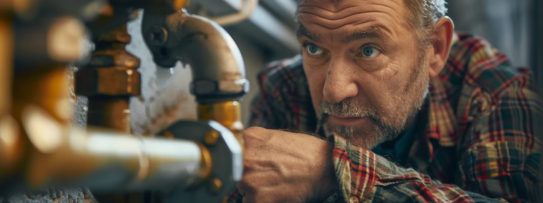 a focused individual examines a plumbing pipe, ready to tackle a diy repair.
