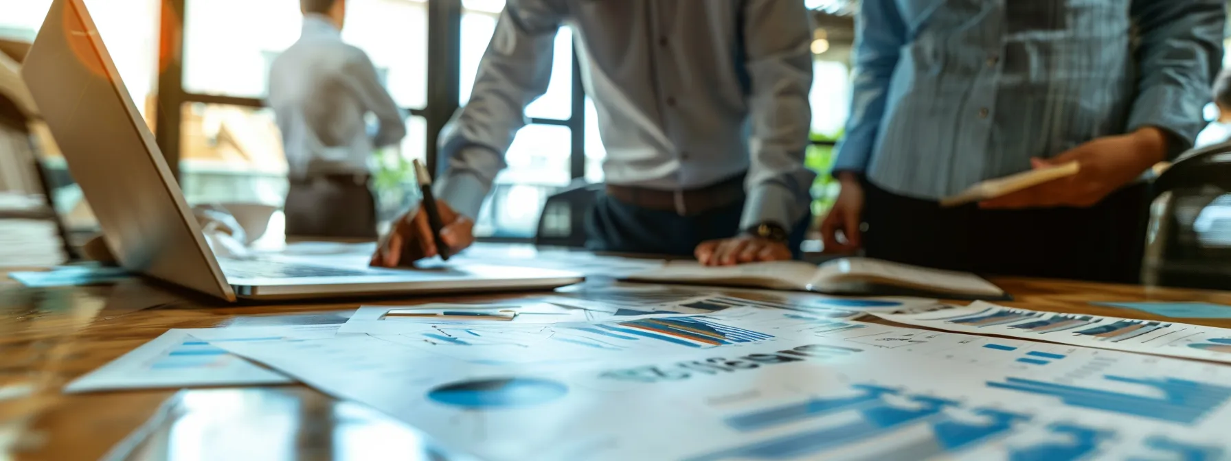business professionals strategically analyze plumbing options amidst a backdrop of documents and charts.