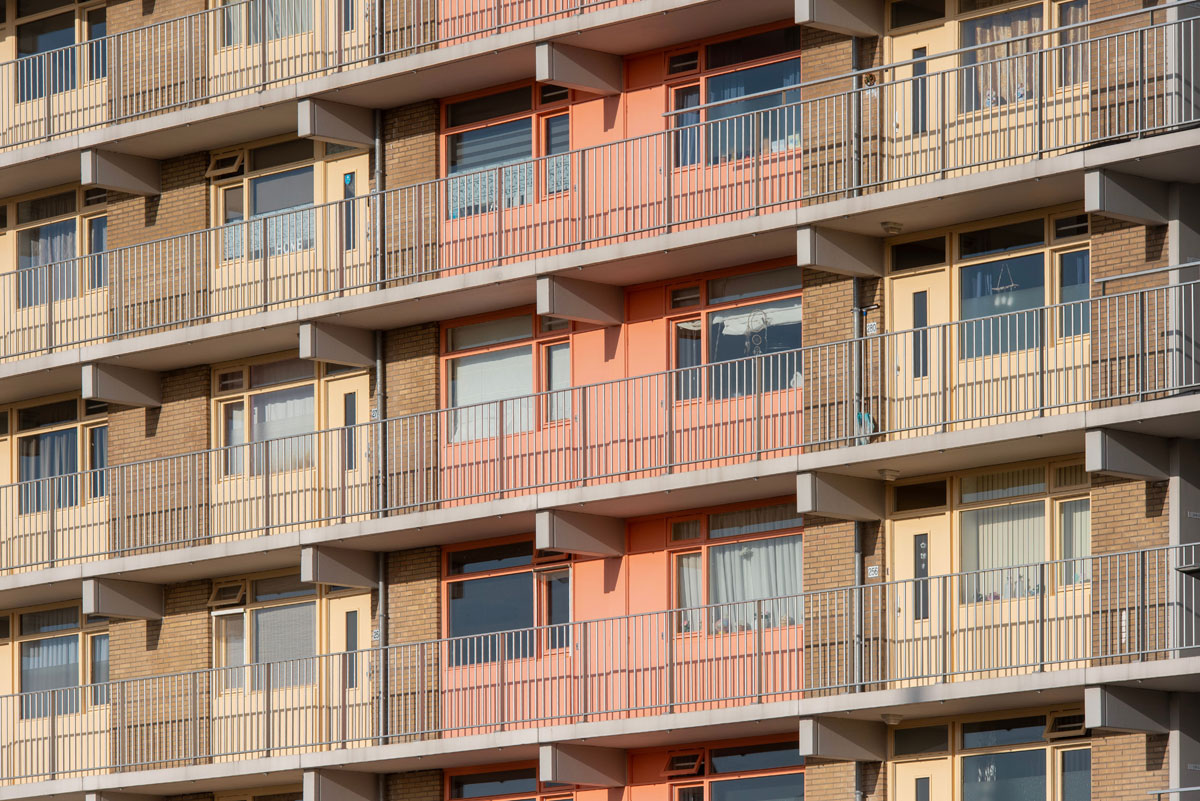 Exterior view of a vibrant apartment building facade